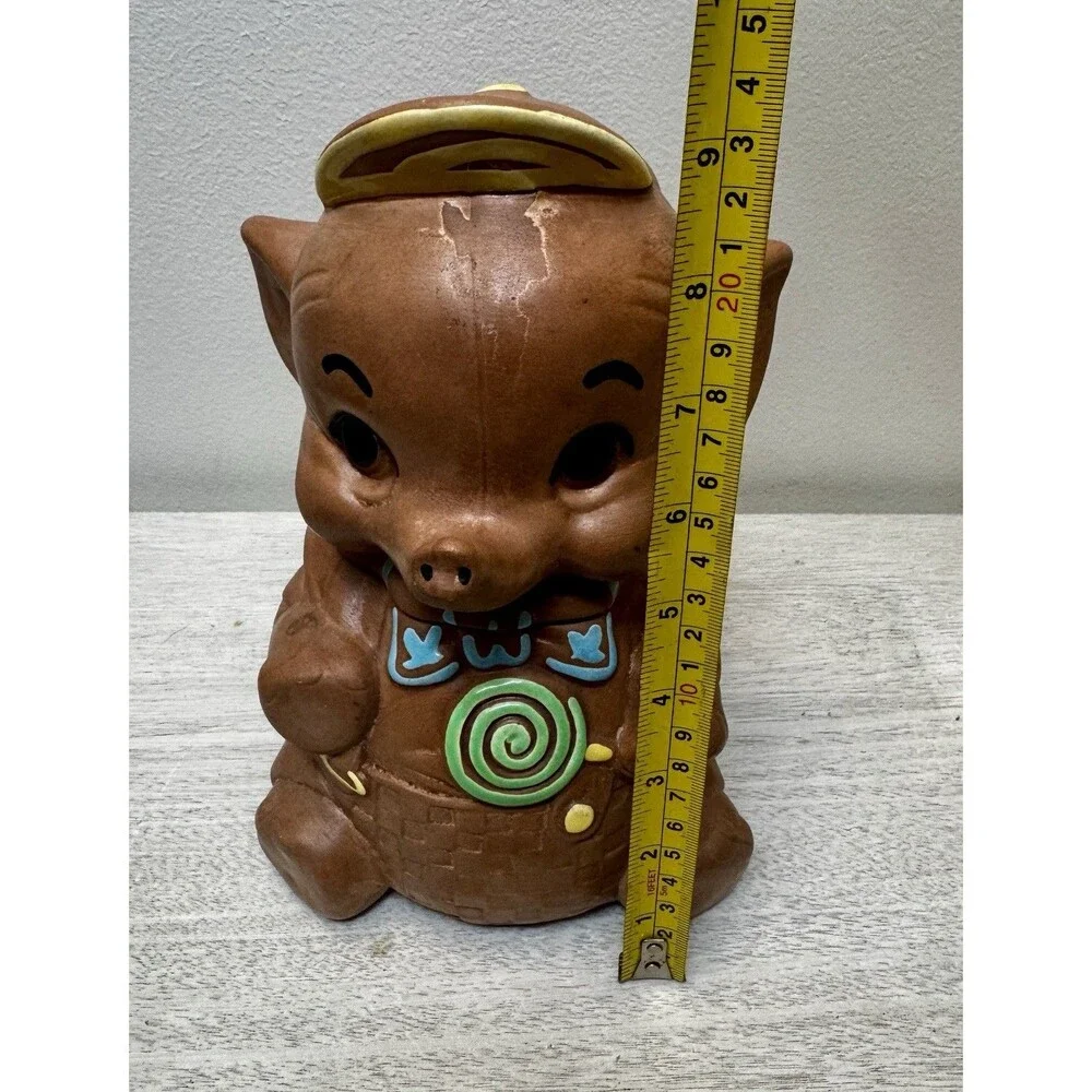 ⁠Vtg Elephant Cookie Jar Anthropomorphic Ceramic Swirl Lollipop Bowtie Basket⁠